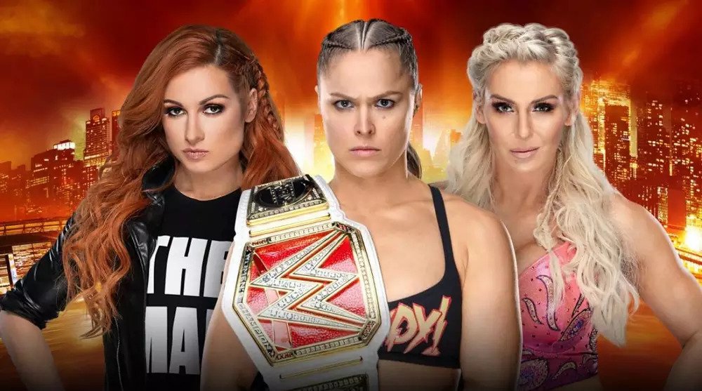 Ronda Rousey, Becky Lynch, and Charlotte Flair - promotional image for WrestleMania 35 main event